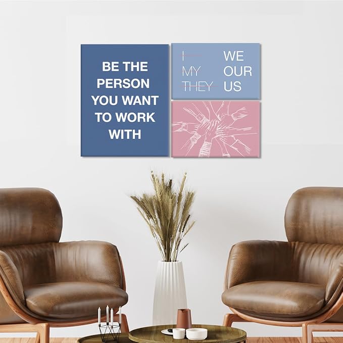 YEOION Motivational Office Wall Art,Inspirational Teamwork Wall Art for Office,Light Pink and Blue Positive Teamwork Wall Decor for Workplace Set of 6