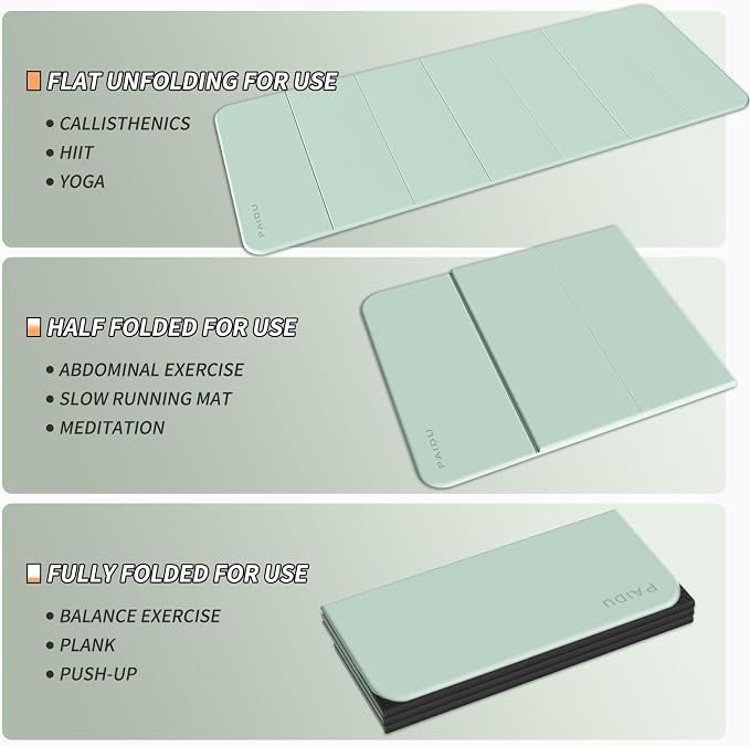 PAIDU Foldable Fitness Yoga Mat | 2/5" (10MM) Extra Thick | SGS Certified Non-Slip TPE | 75x26" Extra Long-Wide | Portable & Easy Store | for Yoga, Pilates, Home Gym & Full-Body Workouts