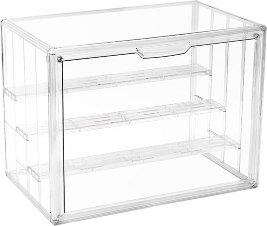 4 Tiers Clear Ddisplay Cases for Collectibles, Acrylic Storage Organizers Box with Magnetic Door, Desktop Clear Showcase with 3 Adjustable Divider Storage Box for Action Figure