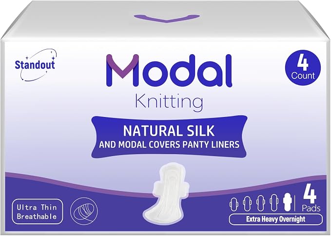 Modal Sanitary Pads for Women, Natural Silk and Modal Cover-Extra Heavy Absorbency, Ultra Thin Breathable Pads with Wings, Unscented Sanitary Napkins(Overnight,16.5 Inch, 4 Count, Packaging May Vary)