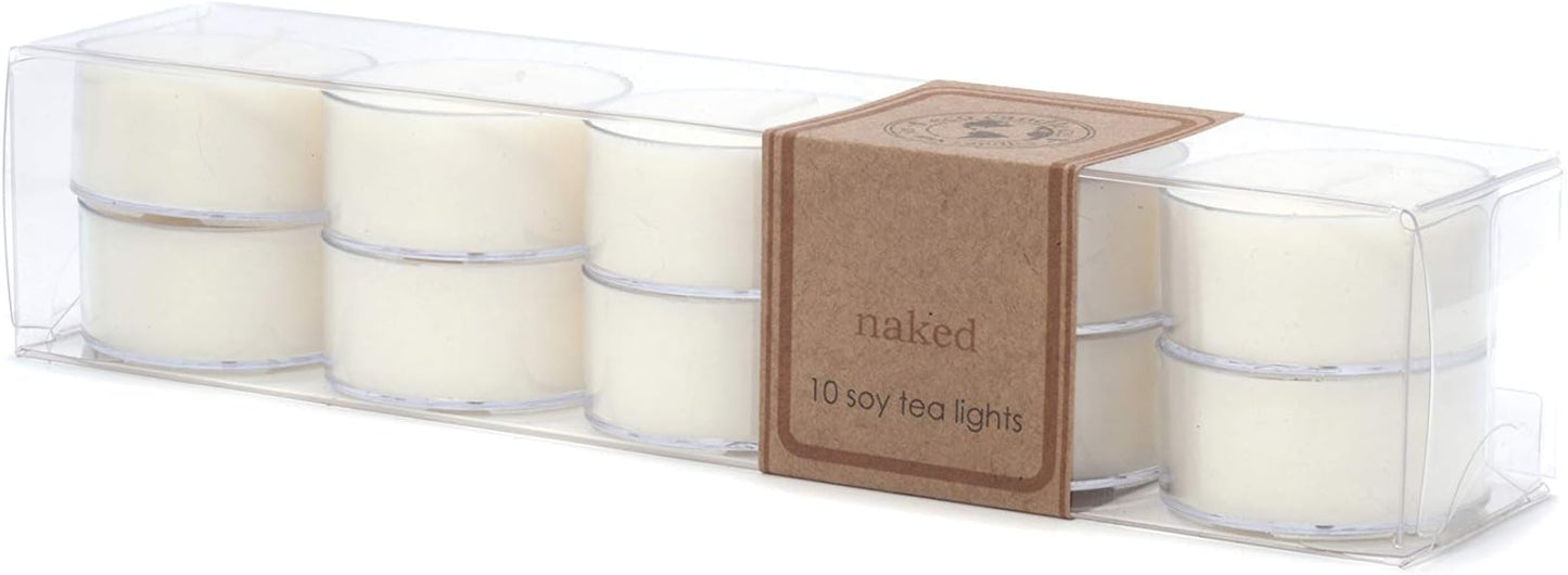 Eco Candle Co. Naked Tea Light Candles, 10-Pack, 9 Hr Burn Time | Unscented - Recyclable Plastic Cups, No Lead, Hand Poured, Phthalate Free, Made from Midwest Grown Soybeans, .6 oz. Each