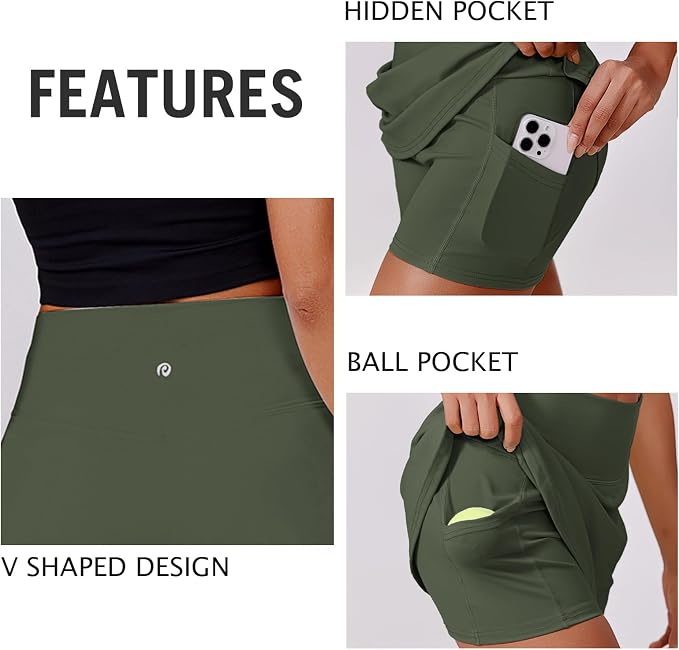 PINSPARK 14" Womens Tennis Skirt High Waisted Golf Skort with 2 Pockets | Built-in Shorts, A Line, Tummy Control, Stretchy, Casual, Mini, Workout, Pickleball, Running, Skort for Woman