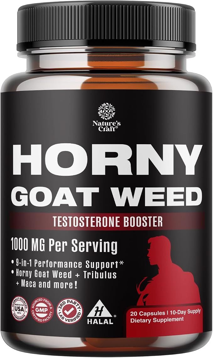 Horny Goat Weed for Male Enhancement - Testosterone Booster Supplement for Men - 1000mg per serving Complex with Tongkat Ali Saw Palmetto Extract & Panax Ginseng - Black Maca Root for Stamina & Energy