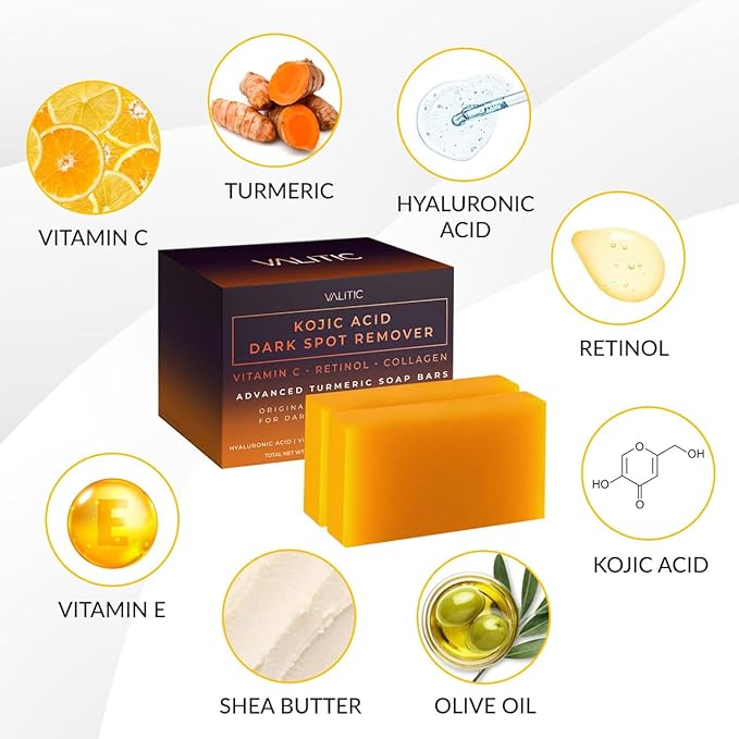 VALITIC Kojic Acid Dark Spot Remover Soap Bars with Vitamin C, Retinol, Collagen, Turmeric - Original Japanese Complex - Hyaluronic Acid, Vitamin E, Shea Butter, Olive Oil (2 Pack) - With Soap Holder
