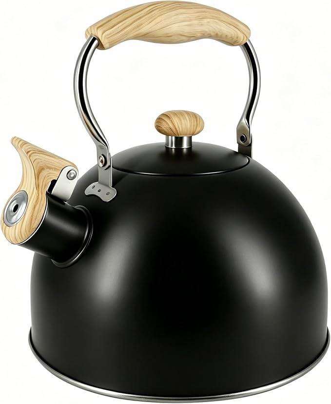 Lily's Home Whistling Tea Kettle, Teapot for Stovetop, Pleasant Whistle Sound, Heat Resistant Plastic Handle – Faux Wood Finish, Non Toxic Stove Kettle for Boiling Water - 2.5 Quarts (Black)