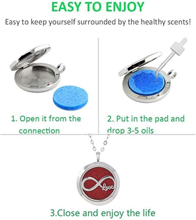 Aromatherapy Essential Oil Diffuser Stainless Steel 30MM Silver Magnetic Locket Pendant 2 Sizes Chain Necklace, Refill Pads & Diffuser Bracelet in a Velvet Bag (Love)