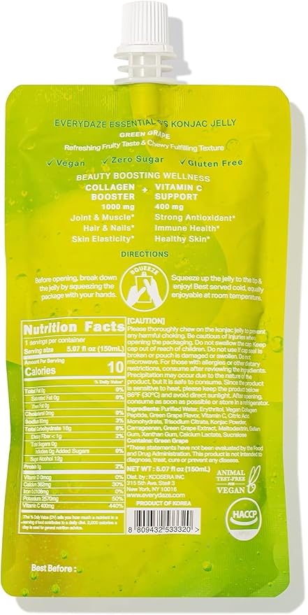 EVERYDAZE Essential C’s Konjac Jelly | Green Grape | Plant-Based Collagen Booster | Gluten Free, Sugar Free, Low Calorie | Healthy Drinkable Fruit Snack | 10 Pack Box Food Drink Pouch