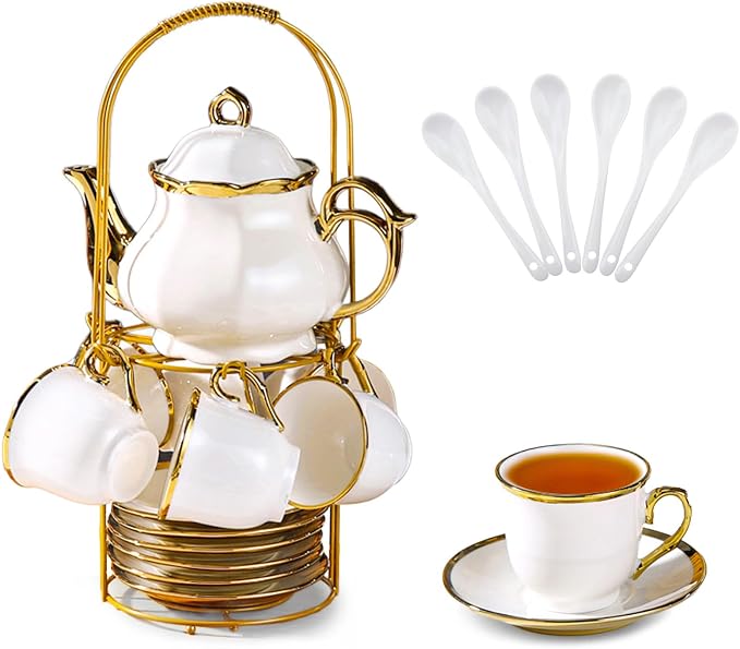 20 Pcs Porcelain Tea Set with Metal Holder, European Ceramic Tea Set for Adults, Coffee Tea Gift Sets, French Tea Cup Saucer Set for Party With Gold Trim (French White)