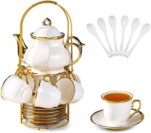 20 Pcs Porcelain Tea Set with Metal Holder, European Ceramic Tea Set for Adults, Coffee Tea Gift Sets, French Tea Cup Saucer Set for Party With Gold Trim (French White)