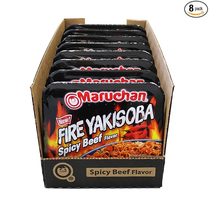 Maruchan Fire Yakisoba, Spicy Beef Flavor – Stir-Fried Japanese Instant Ramen Noodles, High Protein Microwavable Meal – 3.99 Oz. (8 Pack)
