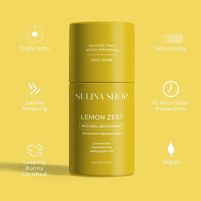 Sulina Shop Natural Deodorant, Aluminum Free, Lemon Zest | Fresh lemon zest scent, Sensitive skin-friendly, Baking soda-free, Plant-based odor protection.