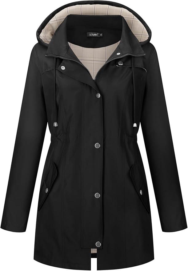 LOMON Women Waterproof Outdoor Hiking Raincoat Women Lined Rain Jacket Lightweight Hooded Jackets Trench Coats