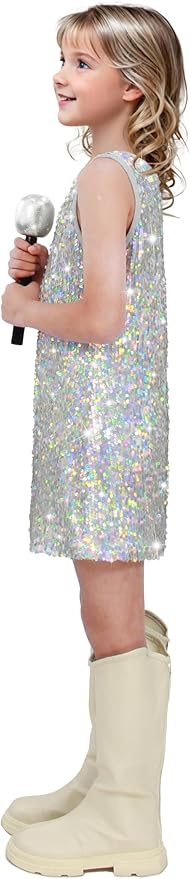 Girls Sequin Dress Sparkly Sleeveless Costume Prom Concert Party Outfit with Glitter Microphone Prop