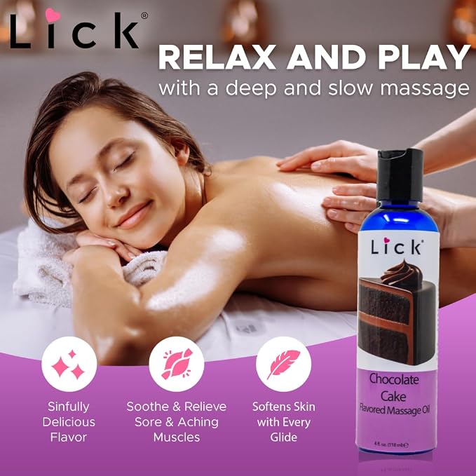 Lick Chocolate Cake Flavored Massage Oil – Decadent Bakery-Inspired Edible Massage Oil with Vitamin E, Rich Smooth Glide for Couples Massage Nights, 4 oz