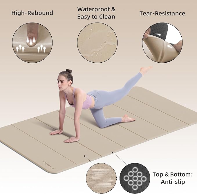 PAIDU Foldable Yoga Mat thick- 2/5" (10MM) TPE Non-Slip Design, Quick Fold，Easy Storage, 75x40 Extra Long/Wide for Indoor Yoga, Pilates and Outdoor Travel Workouts
