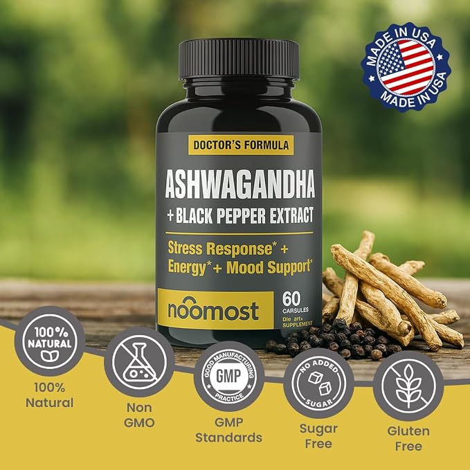 NooMost Organic Ashwagandha 400mg Capsules w/Black Pepper Extract as Vegan Ashwagandha Supplements for Anti Stress Relief, Natural Mood Support, Energy & Focus-60 Capsules