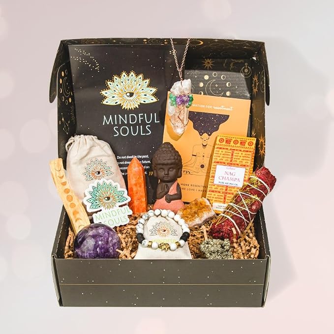 Mindful Souls Spiritual Healing Gift Set – Meditation & Mindfulness Box with Buddha Figurine, Healing Crystals, Mala Beads, Essential Oil & Gemstone Jewelry – Holistic Self-Care & Inner Peace Kit