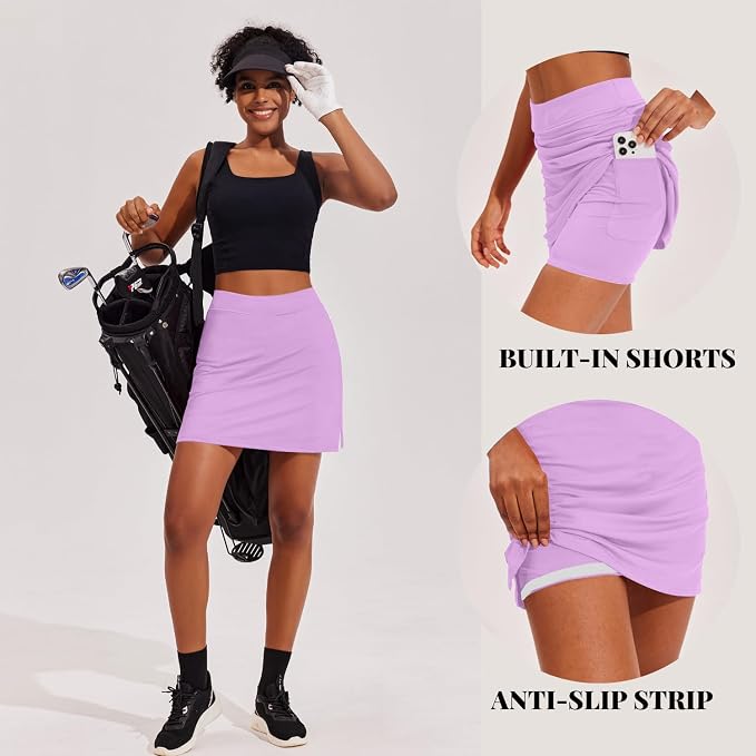 Ekouaer 16" Skorts for Women with Pockets Golf Pickleball Tennis Skirt | Silicone Grippers,2 Inner Pockets,Wide Waist,Side Slit Hem,Breathable,Soft,Lightweight