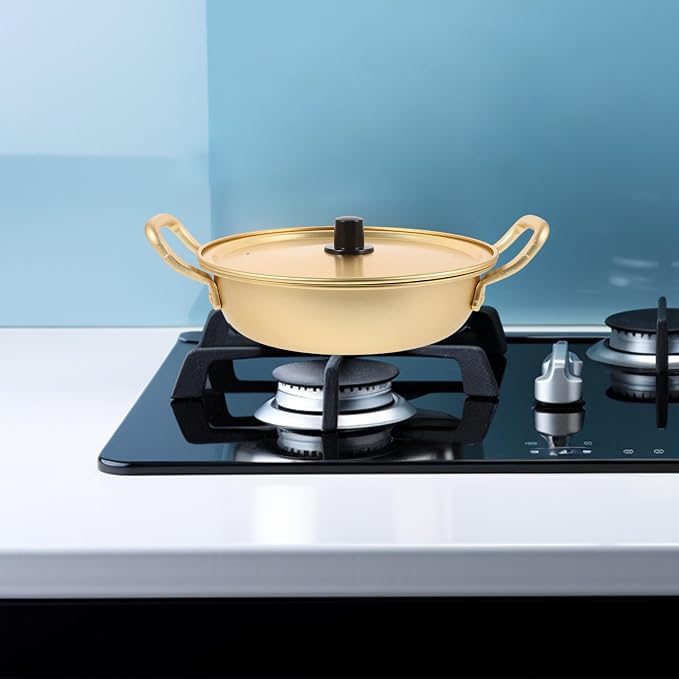 STOBAZA Golden Aluminum Korean Ramen Pot with Lid, Non-stick Stockpot for Cooking Noodles and Making Instant Noodles, Easy to Clean and Portable Kitchen Gadget