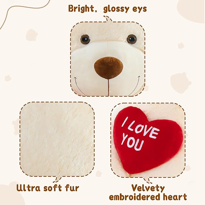 MaoGoLan Giant Teddy Bear 52"- I Love You Red Heart Big White Bear Stuffed Animal - Large Valentines Teddy Bear for Girlfriend,Boyfriend,Wife,Lover - Anniversary, Birthday,Long Distance