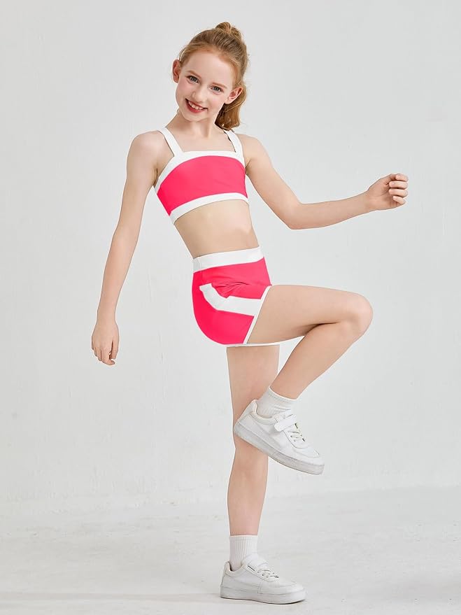 Haloumoning Girls 2 Piece Outfits Athletic Color Block Training Bra and High Waisted Shorts Clothing Sets 5-14Y