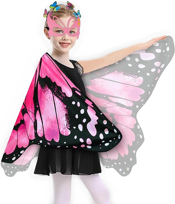 Kids Butterfly Wings Costume Girls Fairy-Wings Toddler Dress Up Play Costumes Butterfly Hair Clip Mask Party Favors (Pink Sets)