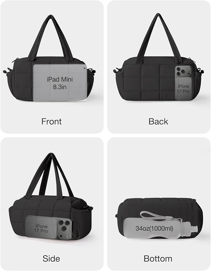 Noozion 12 Inch Mini Gym Bag for Women, Lightweight Quilted Crossbody Duffle Bag with Wet Pocket, Dual Side Pockets, Adjustable Strap, Small Workout Bag for Yoga, Pilates, Swimming & Daily Use