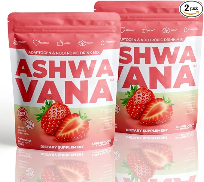 ASHWAVANA Zen Relax Drink Mix - Nootropic, Adaptogen-Infused Ashwagandha Beverage - Rhodiola, Magnesium, L-Theanine - Restore & Unwind - Alcohol Alternative - Strawberry Flavor - 60 Count (Pack of 2)