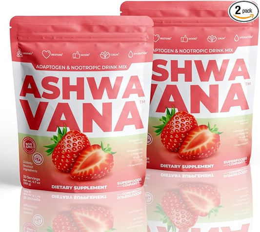 ASHWAVANA Zen Relax Drink Mix - Nootropic, Adaptogen-Infused Ashwagandha Beverage - Rhodiola, Magnesium, L-Theanine - Restore & Unwind - Alcohol Alternative - Strawberry Flavor - 60 Count (Pack of 2)