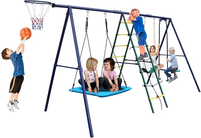 Swing Sets for Backyard, 6 in 1 Outdoor Swing Set, Heavy Duty Metal Swing Stand with Climbing Ladder, Climbing Net, Glider, Hammock Swing, Belt Swing, Basketball Hoop