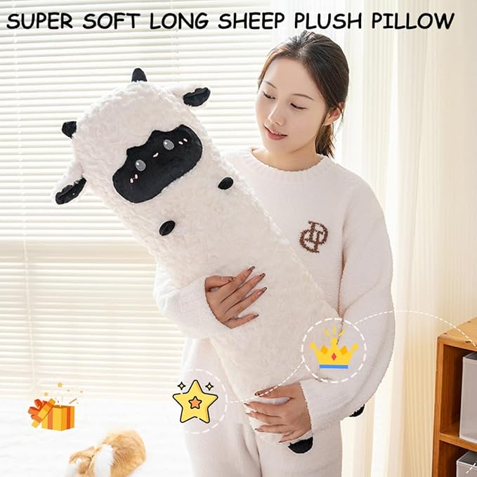 ELAINREN Ultra-Soft Long Black Sheep Plush Pillow Fluffy Curly Lamb Stuffed Animals Toy Cuddle Goat Plushie Doll Gifts/31.4''