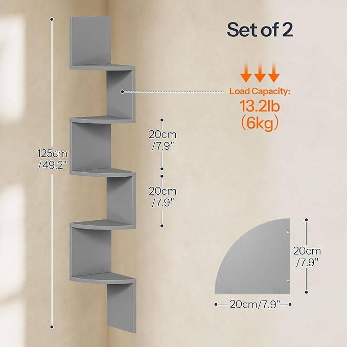 HOOBRO Corner Shelf Wall-Mounted, Set of 2 Floating Corner Shelves for Wall, 5-Tier Bookshelves for Wall Decor in Living Room, Bedroom, Home Office, Dove Gray GY26BJP201