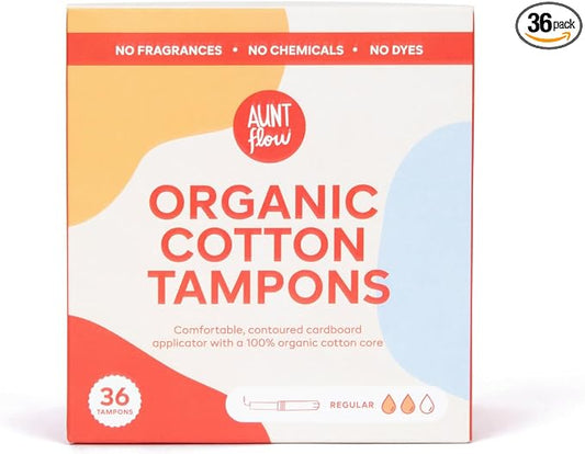 Aunt Flow Organic Cotton Tampons, Cardboard Applicator, Regular Absorbency, BPA-Free, Hypoallergenic, Unscented, 36 Count
