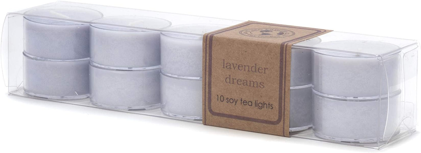 Eco Candle Co. Lavender Dreams Tea Light Candles, 10-Pack, 9 Hr Burn Time | Scents of Lavender, Lilac, Sage, & Mimosa - Recyclable, No Lead, Hand Poured, Made from Midwest Grown Soybeans, .6 oz. Ea