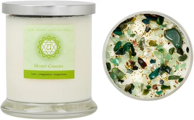 Heart Chakra Candle by New Moon Beginnings - Chakra Candles - Dried Flower, Herb, & Crystal Candles - Aromatherapy Candles - Soy Candle - 12oz Glass Jar