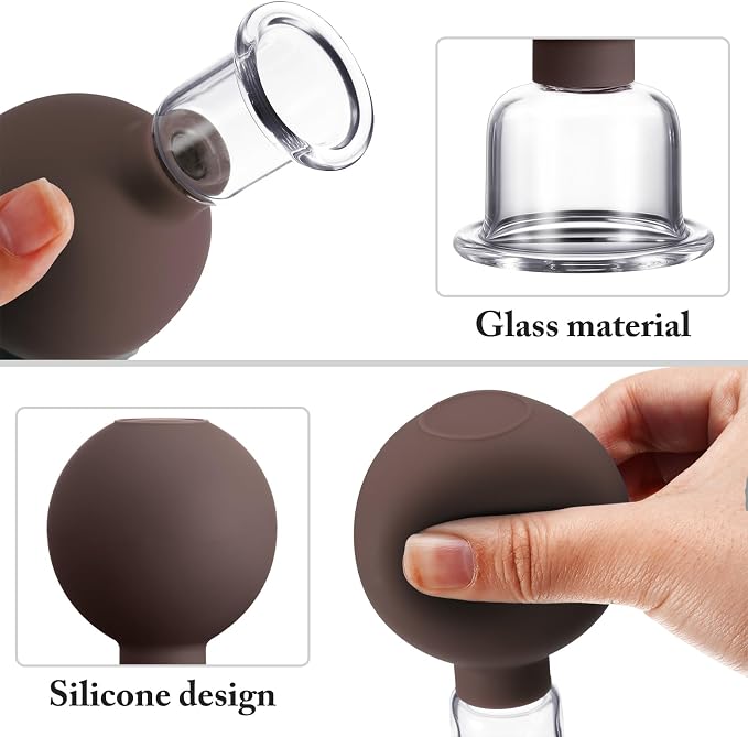 BBTO 4 Pcs Glass Facial Cupping Set Silicone Vacuum Suction Massage Cups Skin Tightening Therapy for Face Body Eyes Back Shoulder Pain(Brown)