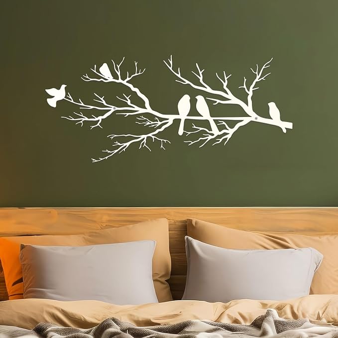 ESTART Metal Birds Wall Art, Metal Vivid Birds on Branch Silhouette Wall Decor White Leaves with Bird Outdoor Hanging Wall Sculpture for Home Living room Bedroom Balcony Garden (White, Large)