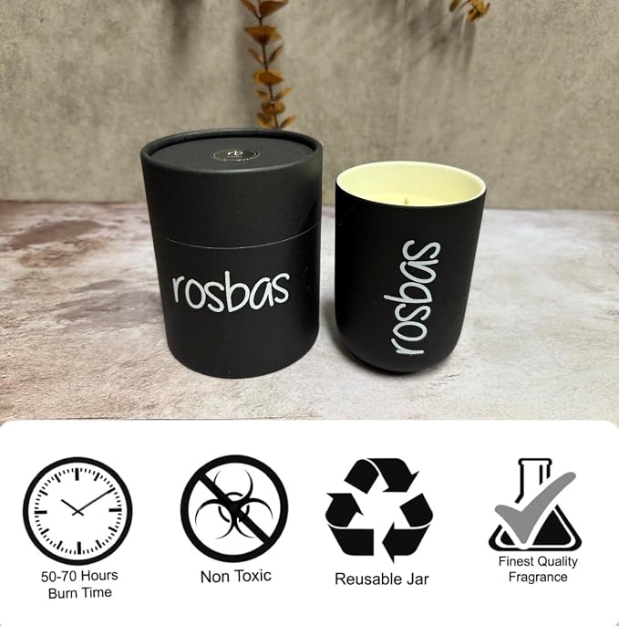 rosbas Unscented Soy Wax Candle - 8 oz in Ceramic Jar - Boxed - Clean Burning and Fragrance Free - Black - Made in USA