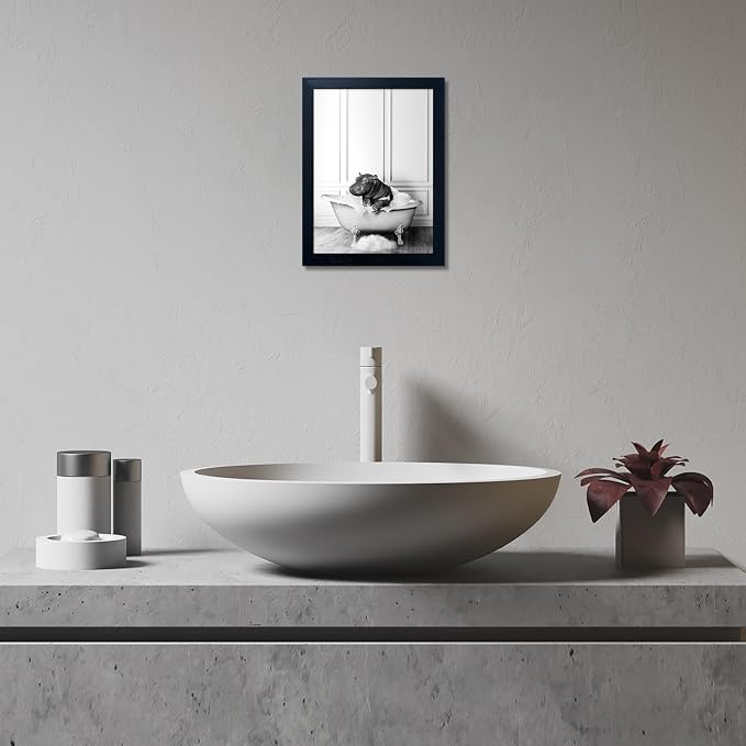 Black and White Bathroom Wall Decor Funny Hippo in Bathtub Wall Art Framed Humor Bathroom Signs Cute Animal Cnvas Print Artwork