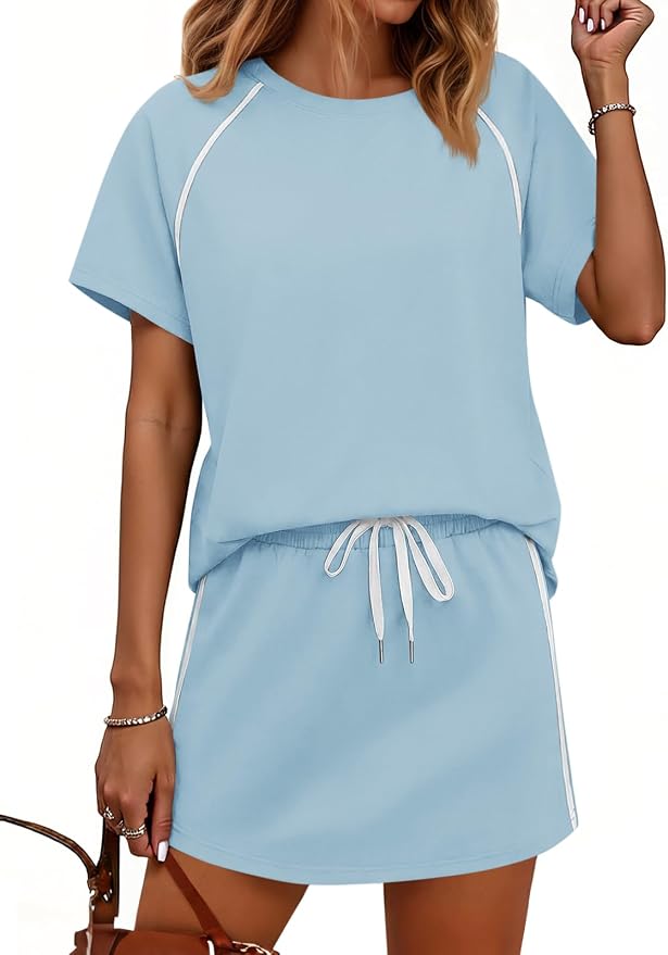 Womens 2 Piece Skirt Sets Summer Tennis Outfits Vacation Skort Set | Two Piece Sets, Short Set, Athletic Workout Golf Outfits, Crew Neck, Color Block, Drawstring, Workout Mathcing Lounge Sets