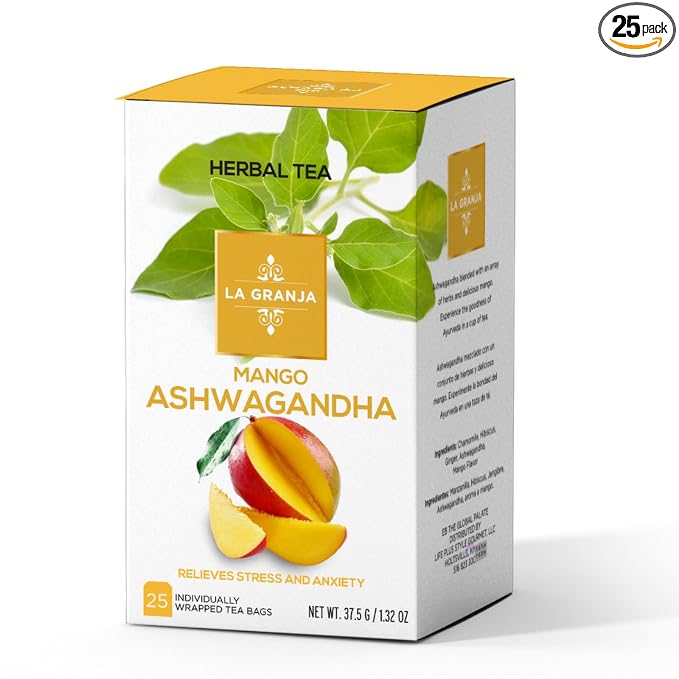 Life Plus Style Gourmet La Granja Mango Ashwagandha Herbal Tea 25 Individually Wrapped Tea Bags Chamomile Hibiscus Ginger & Ashwagandha Blend Caffeine Free Fruity Herbal Infusion Natural Tea Gift for Women & Tea Lovers