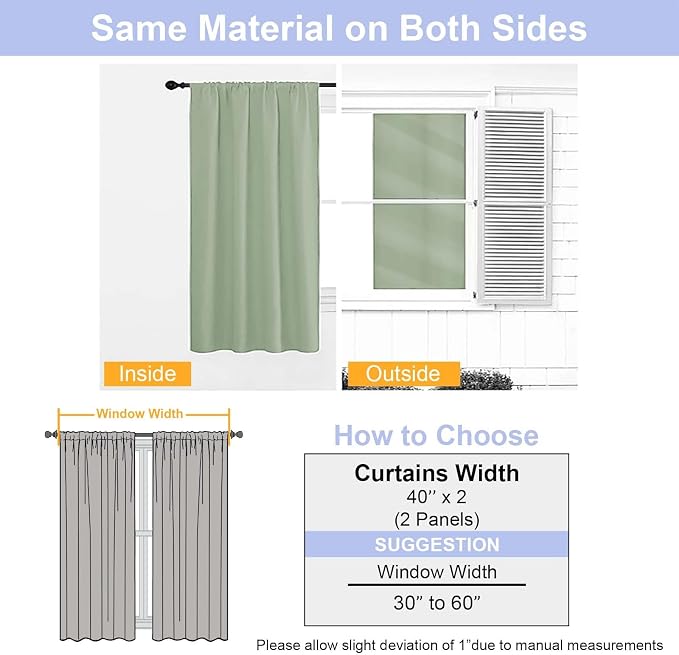 Simplebrand Ava Light Green Blackout Curtains for Bedroom 63 Inch Length 2 Panels Set, Solid Thermal Insulated Energy Saving Rod Pocket Window Treatment Curtains Blackout Drapes, W40 x L63 Inch