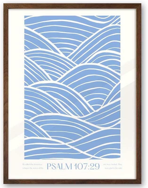 EcoHest 12x16 in Psalm 107:29 Ocean Waves Framed Christian Wall Art | Walnut Color Solid Oak Frame with Canvas Wall Art, Scripture Bible Verse Decor for Bedroom, Living Room, Office, Church,1Pack