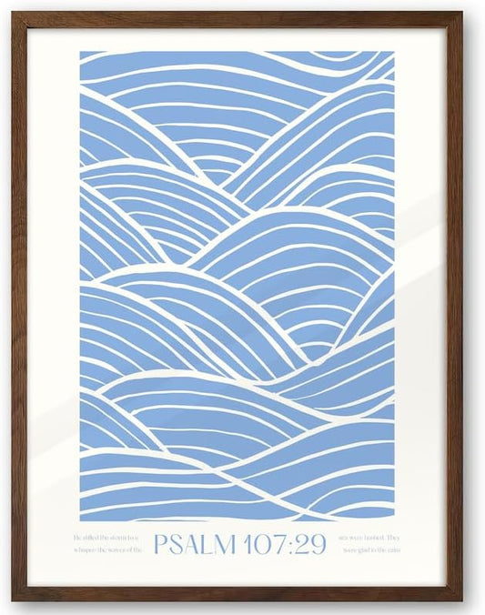 EcoHest 12x16 in Psalm 107:29 Ocean Waves Framed Christian Wall Art | Walnut Color Solid Oak Frame with Canvas Wall Art, Scripture Bible Verse Decor for Bedroom, Living Room, Office, Church,1Pack