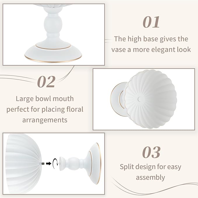 Sziqiqi White Urn Vase for Centrepieces, Wedding Compote Vase, 10Pcs | 7.9in Tall Metal Flower Arrangements, Vase for Centrepieces Floral Planter, Decorative Footed Bowl, For Party, Event