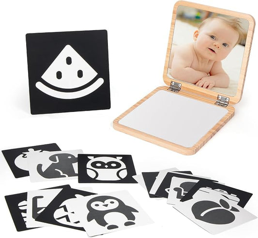 Woodtoe Tummy Time Mirror for Babies, 0-180° Adjustable Angle Floor Mirror, Baby Mirror with 15 Educational Cards, Shatterproof Baby Safe Mirror Toy, Montessori Gift for Boy Girl 0-6 Months