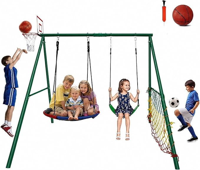 CYFIE Swing Set, Outdoor Playset for Kids with Saucer Swing, Belt Swing, Heavy Duty Metal Frame Swing Stand, Basketball Hoop and Soccer Goal, Swing Sets for Backyard, Playground, Park