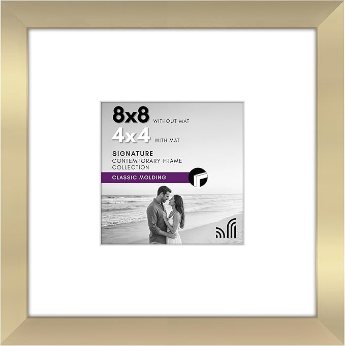 Americanflat 8x8 Picture Frame - Matted to 4x4 - Engineered Wood - Gold | Shatter-resistant glass, wall or tabletop display with included easel, sawtooth hangers included, use with or without mat