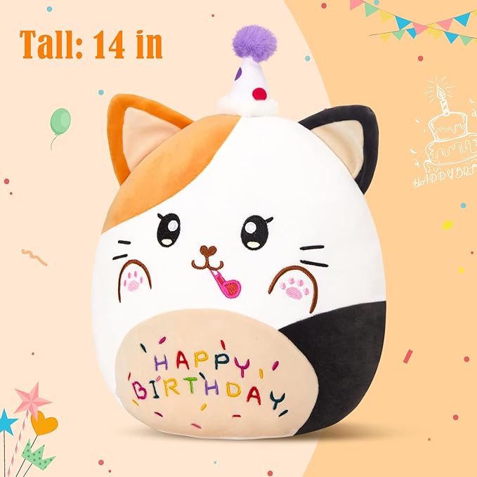12” Birthday Cat Plush Pillow, Cat Stuffed Animal, Kawaii Plushie Soft Plush Toy Birthday Decor Gift for Kids Toddlers Girls Boys