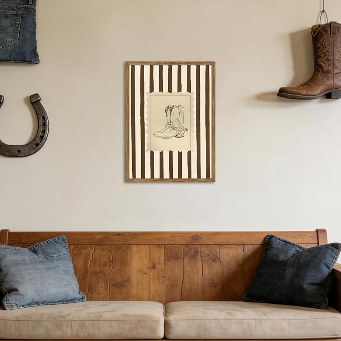Western Cowboy Wall Art Set of 3, Vintage Cowboy Boots Hat Wall Decor Painting Southwestern Rodeo Canvas Prints Picture for Living Room Bedroom Farmhouse 12x16 Inch Wood Framed